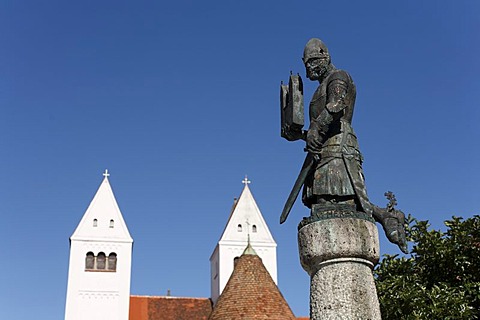 Memorial to Herzog Welf VI., the founder of the abbey, in front of the abbey church in Steingaden, Pfaffenwinkel, Upper Bavaria, Germany, Europe