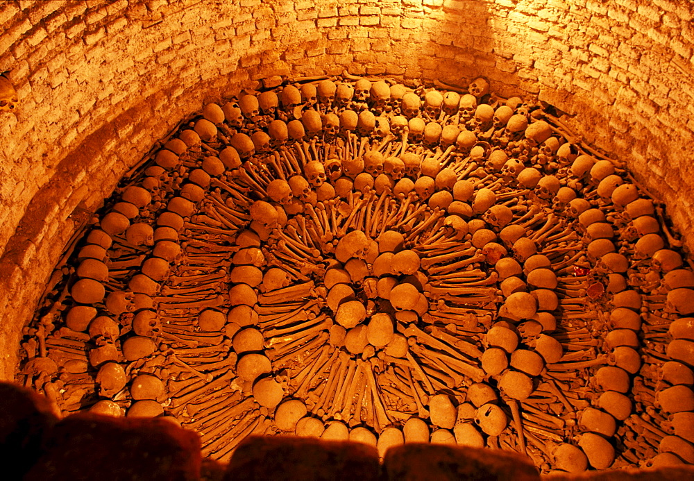 Skulls in the catacombs of the monastery of San Francisco, Lima, Peru, South America