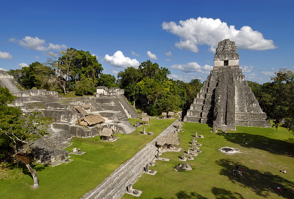 Tikal, Mayan ruins, view from Temple II toward Temple I, Temple of the Giant Jaguar, and the Gran Plaza, Yucatan Peninsula, Guatemala, Central America