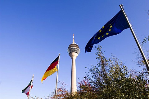 Telecommunications-tower with flags, Duesseldorf, North Rhine- Westphalia, Germany