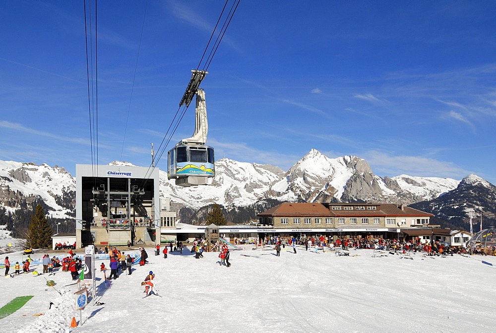 Restaurant on the Iltios mountain and the aerial railway station - Unterwasser, Canton of St. Gallen, Switzerland, Europe.