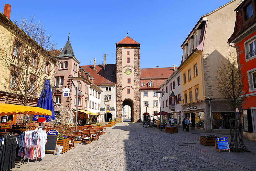 Pedestrian area, Riettor Gate at back, Villingen, Baden-Wuerttemberg, Germany, Europe