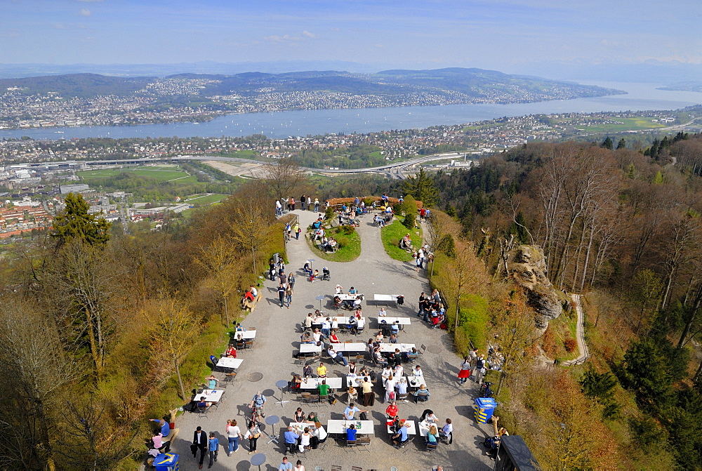 VisitorÂ¥s platform, viewed from Uetliberg Tower, Lake Zuerichsee at back, Zuerich, Canton of Zuerich, Switzerland, Europe