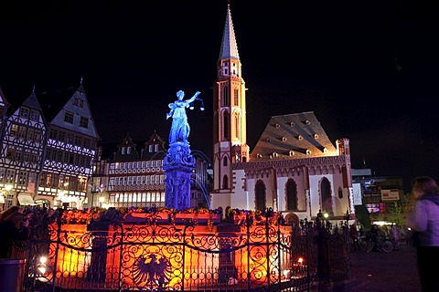 Roemer at night, Justitia, Luminale, Frankfurt am Main, Hesse, Germany