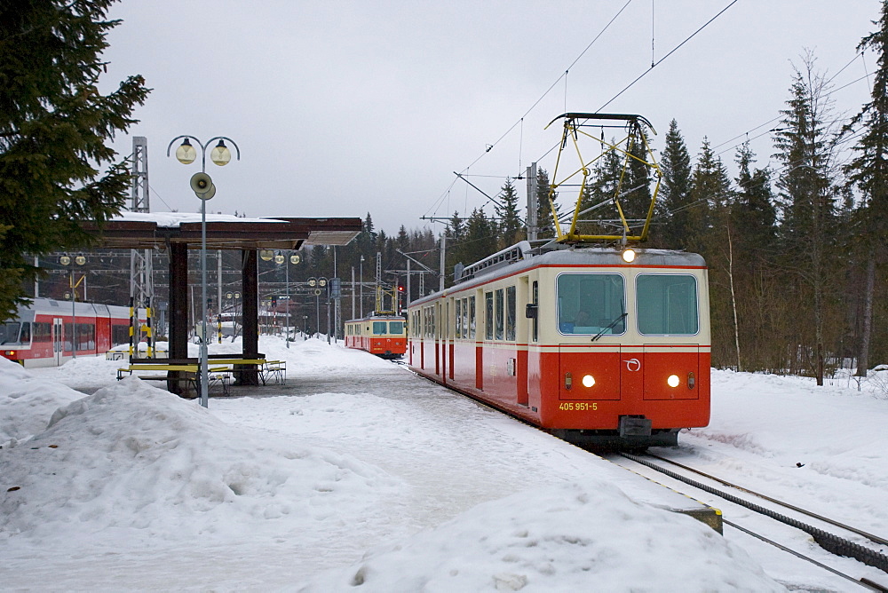 Tatra Electric Railway in the snow, Strbske Pleso, Slovakia, Europe