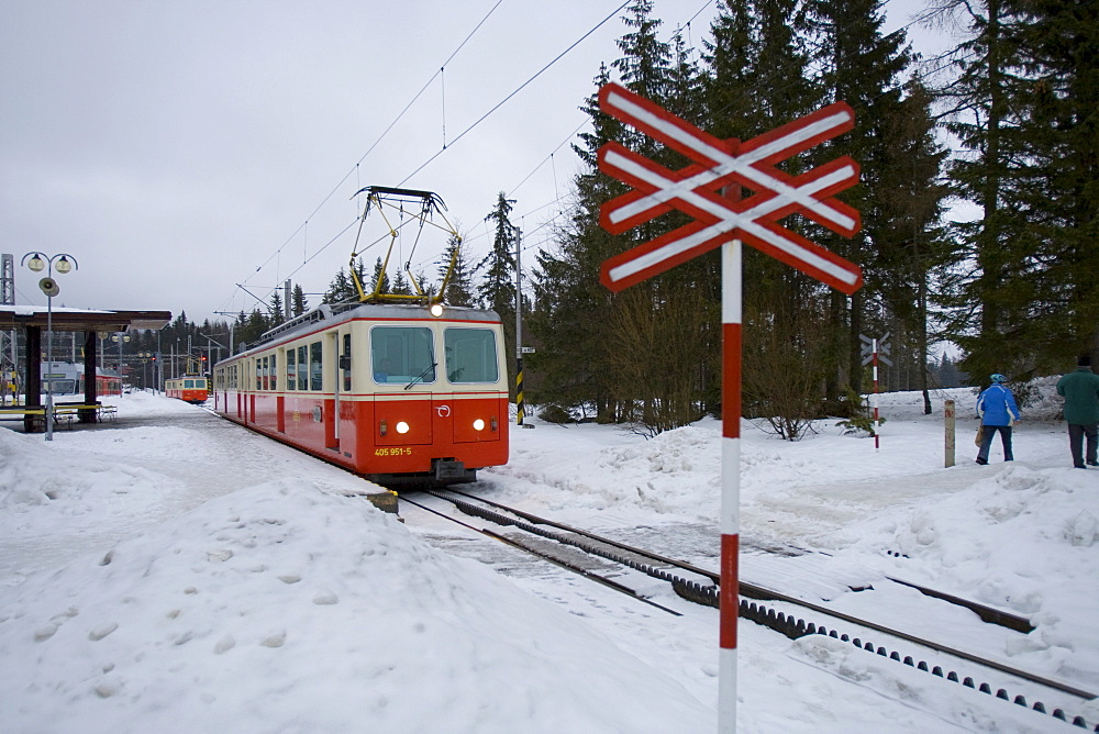 Tatra Electric Railway in the snow, Strbske Pleso, Slovakia, Europe