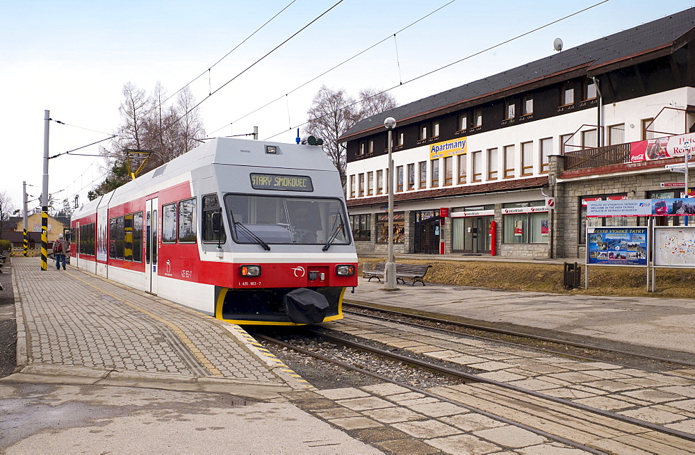 Electric Tatra train at Tatranska Lomnica train station, Slovakia