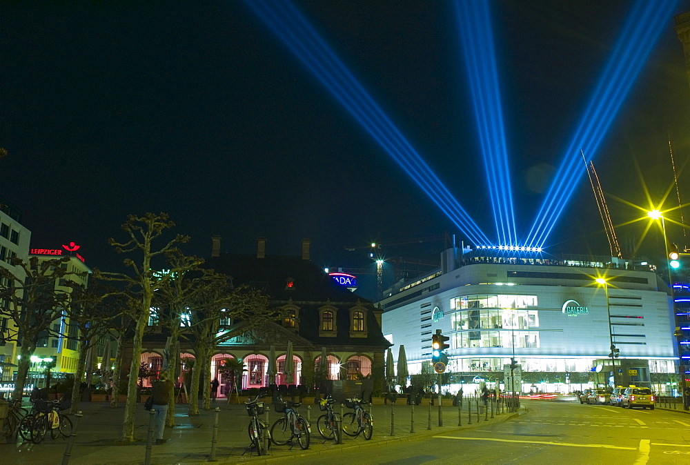 Frankfurt illuminated at night, buildings lit with special lighting on the occasion of the Luminale, biannual lighting festival in Frankfurt, Germany