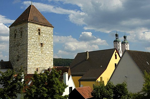 Wemding with parish church and tower of the city wall in the nature park Altmuehltal in Bavaria , Germany