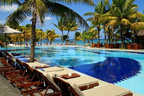 Hotel pool, sea view, Trou Biches, Mauritius, Mascarene Islands, Indian Ocean