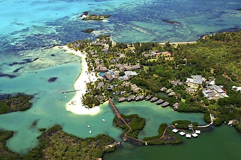 Aerial view, coral reefs, sea and hotel area, Mauritius, Mascarene Islands, Indian Ocean