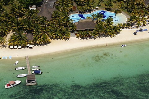 Aerial view, sea and hotel area, Mauritius, Mascarene Islands, Indian Ocean