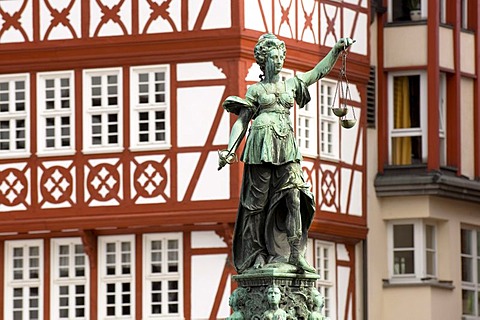 Timbered house at Roemer, Lady Justice, Frankfurt am Main, Hesse, Germany