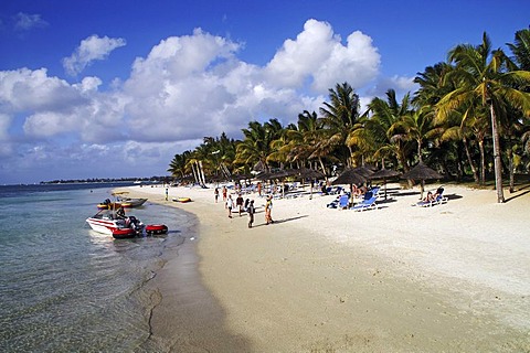 Beach with palms and tourists, Trou aux Biches, Mauritius, Africa