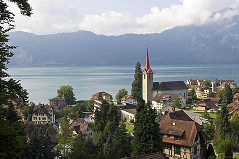 Weggis with a church spire, Lucerne canton, Switzerland