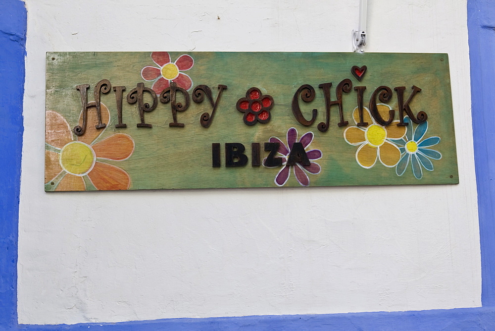 Sign "Hippy Chick" in the old town of Eivissa, Ibiza, Baleares, Spain