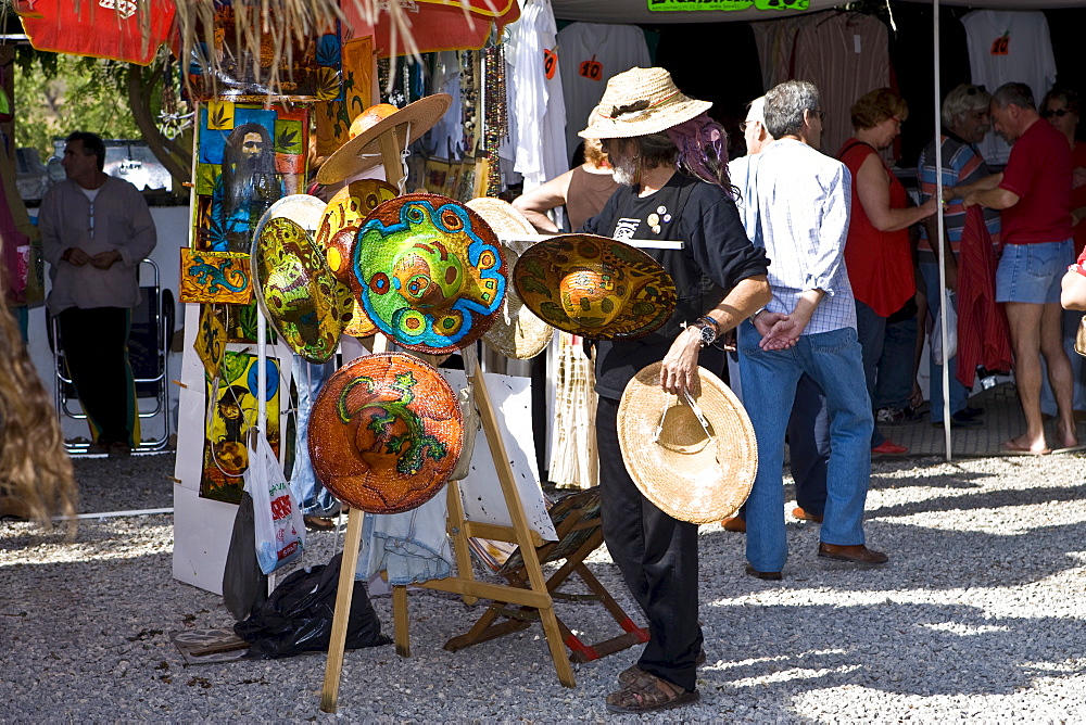 Famous hippie market near Sant Carles (Carlos), straw hats, Ibiza, Baleares, Spain