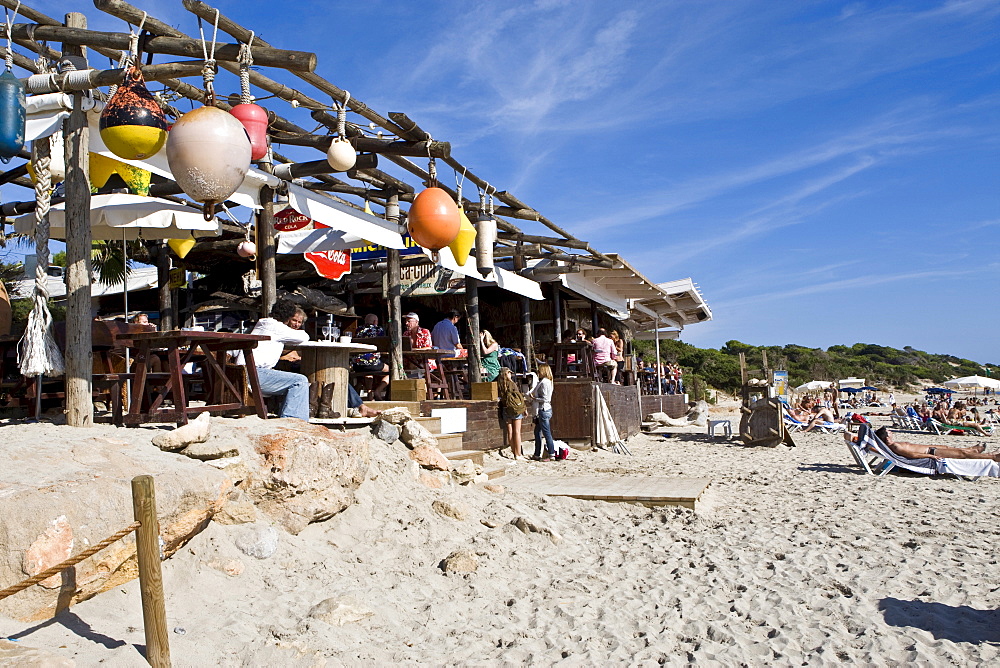 Les Salinas beach with restaurant Jockey Club, Ibiza, Baleares, Spain