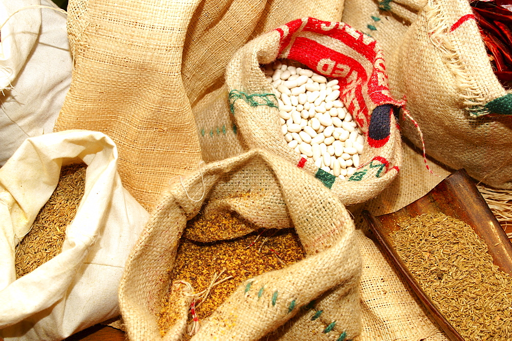 Various spices (pepper and white beans) at the market of Port Louis, Mauritius, Mascarenes, Indian Ocean