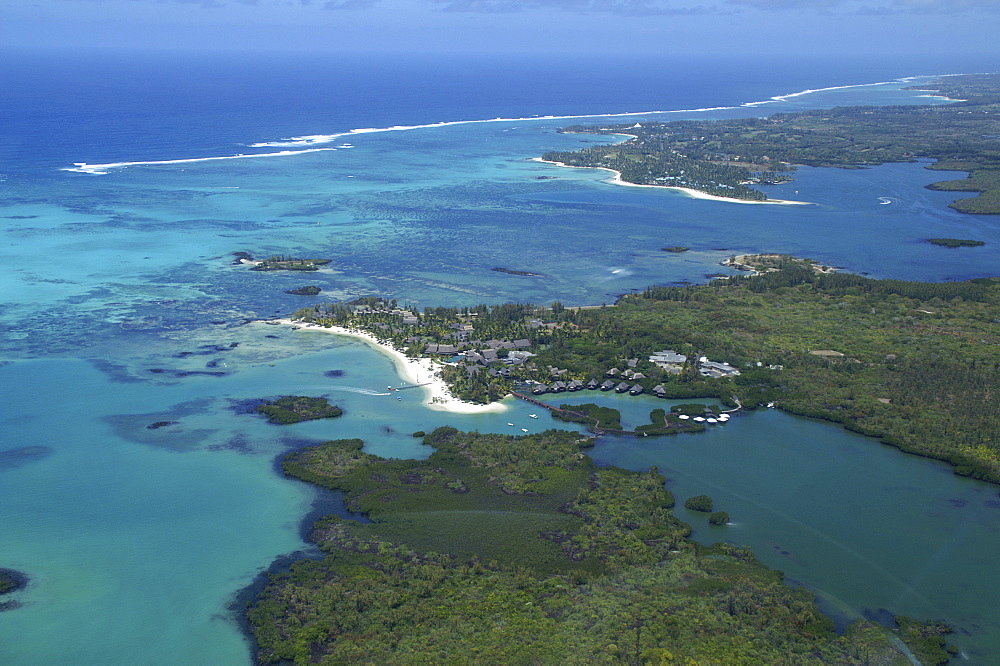 Aerial view, coral banks, ocean and hotel resort, Mauritius, Mascarenes, Indian Ocean