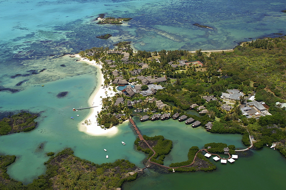 Aerial view, coral banks, ocean and hotel resort, Mauritius, Mascarenes, Indian Ocean