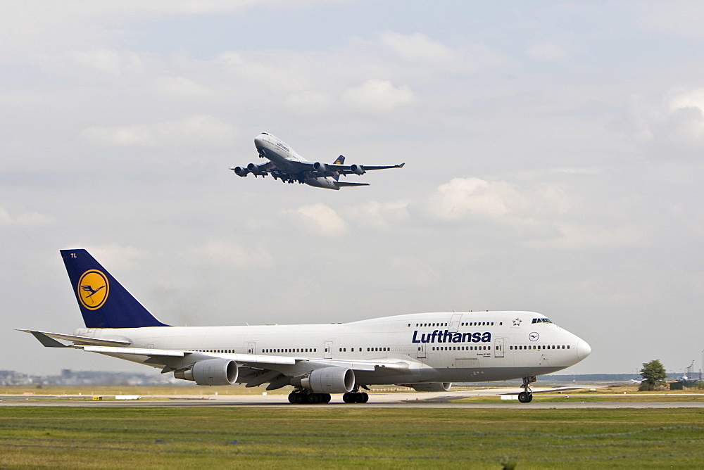 Lufthansa Boeing 747 on runway, another Lufthansa Boeing 747 taking off overhead at Frankfurt Airport, Frankfurt, Hesse, Germany, Europe