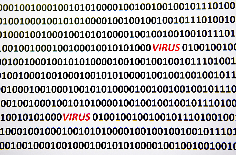 Computer virus, "virus" spelled out in red between bit coding in a computer data stream