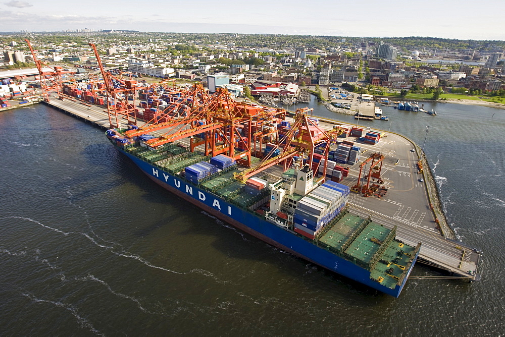 Vancouver container port and container ship, British Columbia, Canada, North America