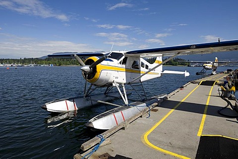 Seaplane tied to jetty, Coral Harbour, Vancouver, British Columbia, Canada, North America