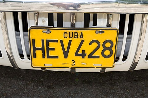 Numberplate of a vintage car, Havana, Cuba, Caribbean