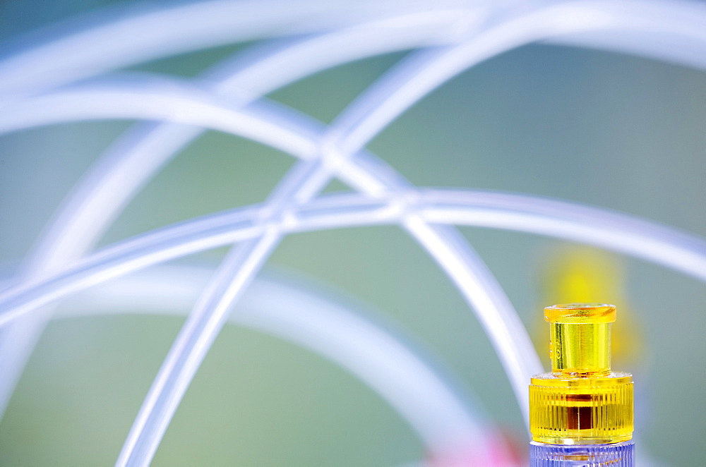 Detail and tubes of a HPLC for the analysis of liquids, quality assurance in a company producing natural cosmetics, Arlesheim, Switzerland, Europe