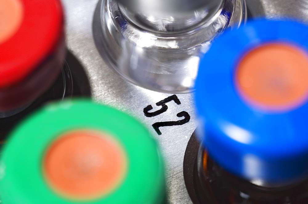 Testing vials for the identification of the ingredients, quality assurance of a company producing natural remedies and cosmetics, Basel, Switzerland, Europe