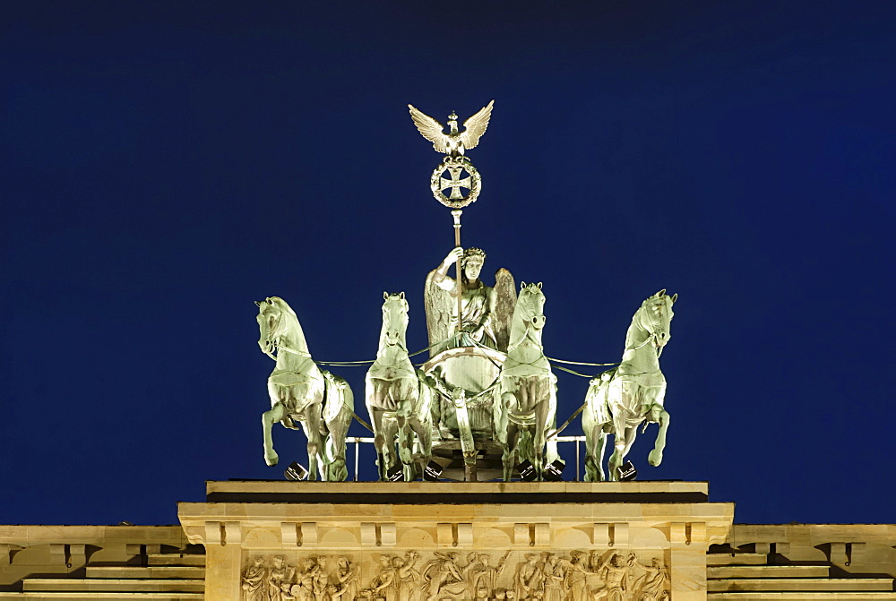 Quadriga on the Brandenburg Gate at night, Berlin, Germany, Europe