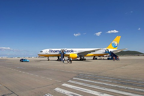 International airport with airplane from Thomas Cook airlines in Ibiza