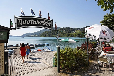 Sign "Bootsverleih" (boats for hire), Fuschlsee lake, Fuschl, Salzkammergut, Salzburg state, Austria