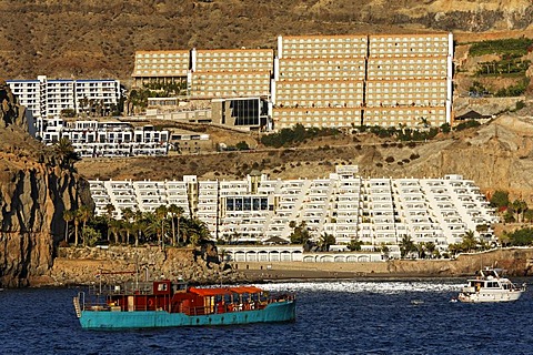 Hotels in Taurito, view from Puerto de Mogan, Gran Canaria, Spain