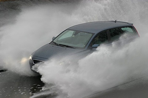 Aquaplaning area in a driving safety center. Emergeny situations in deep water are practiced here. They can occur on highways after heavy rain, when vehicles at high speed hit deep water that cannot be dipslaced by the tires.