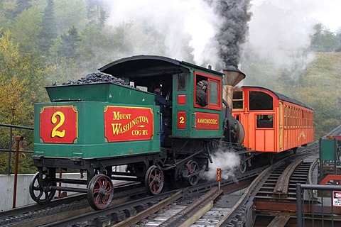 Historic Mount Washington Cog Railway to the top of the highest mountain of the presidential range. New Hampshire, USA.