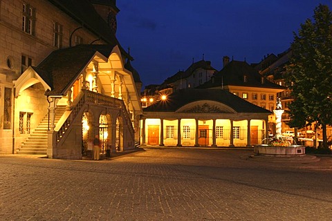 Central town hall square "Hotel de Ville" in Fribourg, Switzerland