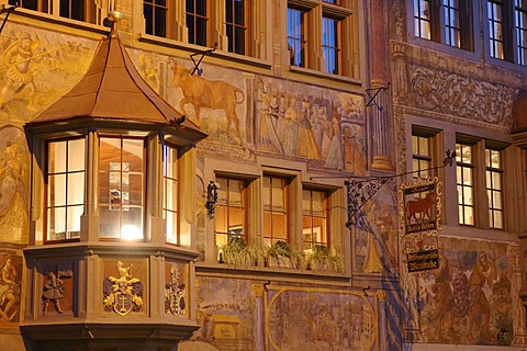 The veneer of the historic restaurant "Roter Ochsen" in the old center of Stein am Rhein, Schaffhausen, Switzerland