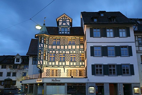 Famous blue timberframe house in the historic city center of St. Gall, opposite the UNESCO world heritage of church and abbey of St. Gall, Switzerland