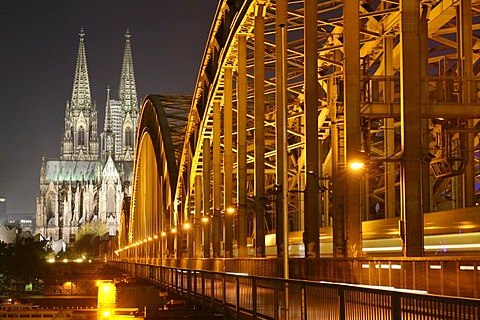 Cathedral and Hohenzollern bridge seen from the right Rhine river bank, Cologne, NRW, Germany