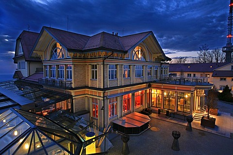 Restaurant Uto Kulm at dusk seen from the Ueetliberg, Zurich, Switzerland