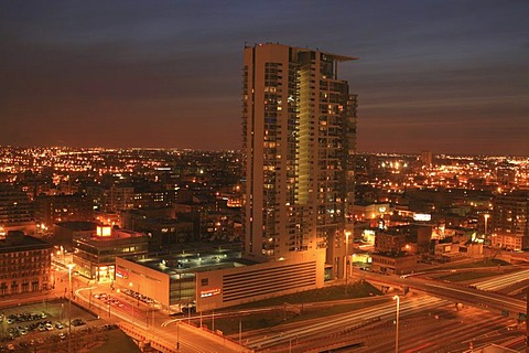 Condominium high rise building West of the Loop at dusk, Chicago, Illinois, USA