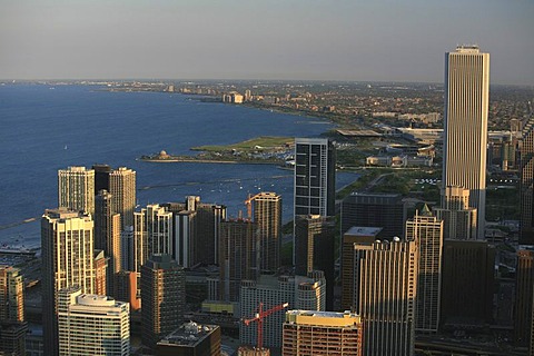 Skyline and Lake Michigan shore before sunset as seen from John Hancock, Chicago, Illinois, USA