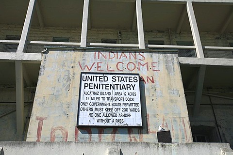 Signs on the former american penitentiary on Alcatraz, San Francisco, California, USA