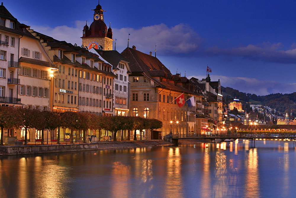 Townhall, Reuss River and historic Kapell Bridge, Lucerne, Switzerland