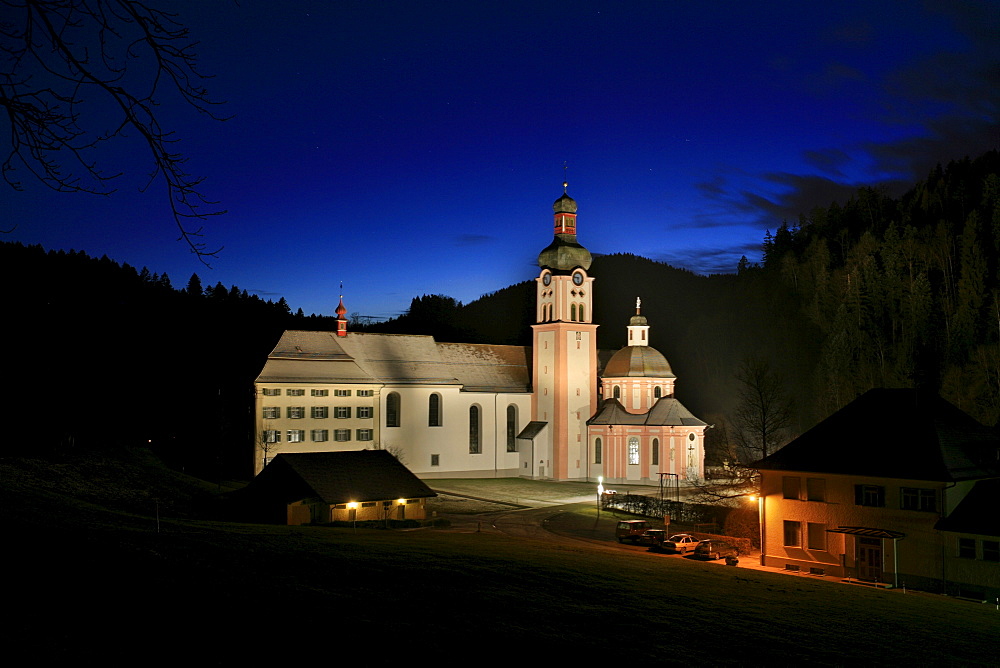 Monastery Fischingen with church at dusk in wintertime, Fischingen, Thurgau, Switzerland