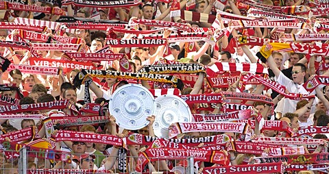 Football fans of VfB Stuttgart, with imitation of cup, Baden-Wuerttemberg, Germany,