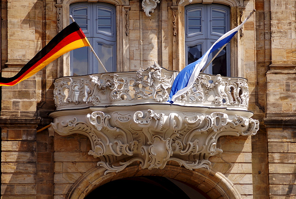 Balcony on the Old Town Hall, flags, Bamberg, Upper Franconia, Bavaria, Germany, Europe